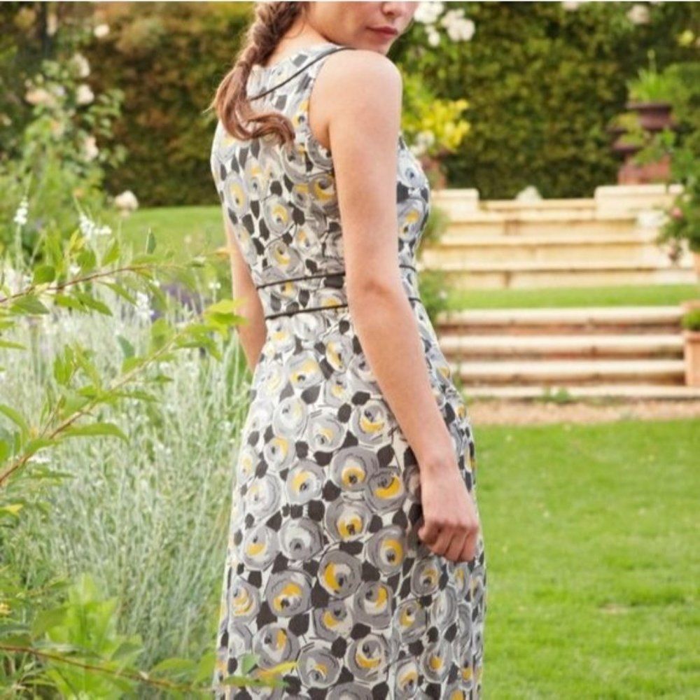 Boden Retro Rose Cotton Fit & Flare Dress in Gray & Yellow | 10R